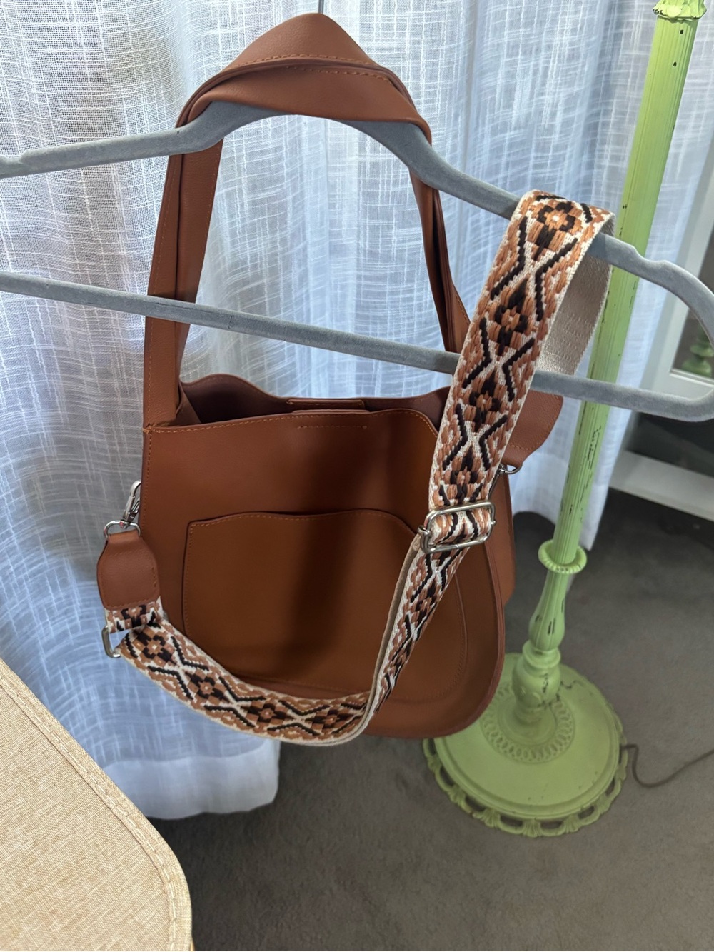 Women's Brown Purse/Cross Body with Patterned Adjustable Strap